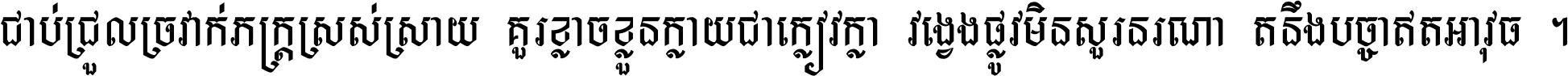ជាប់​ជ្រួល​ច្រវាក់​ភក្ត្រ​ស្រស់ស្រាយ គួរ​ខ្លាច​ខ្លួន​ក្លាយ​ជា​ក្លៀវក្លា វង្វេង​ផ្លូវ​មិន​សួរន​រណា តនឹងបច្ចា​ឥត​អាវុធ ។