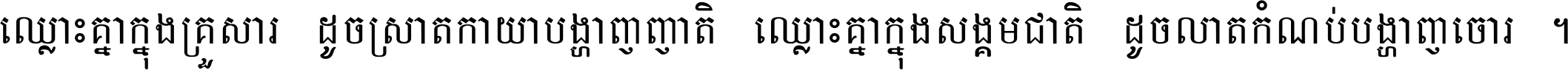 ឈ្លោះ​គ្នា​ក្នុង​គ្រួសារ ដូច​ស្រាត​កាយា​បង្ហាញ​ញាតិ ឈ្លោះគ្នាក្នុង​សង្គមជាតិ ដូច​លាត​កំណប់​បង្ហាញ​ចោរ ។