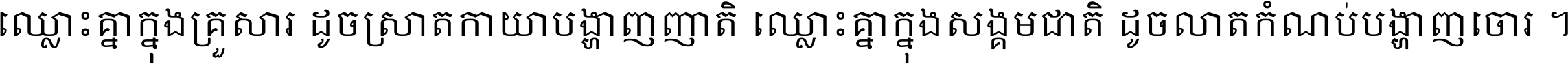ឈ្លោះ​គ្នា​ក្នុង​គ្រួសារ ដូច​ស្រាត​កាយា​បង្ហាញ​ញាតិ ឈ្លោះគ្នាក្នុង​សង្គមជាតិ ដូច​លាត​កំណប់​បង្ហាញ​ចោរ ។