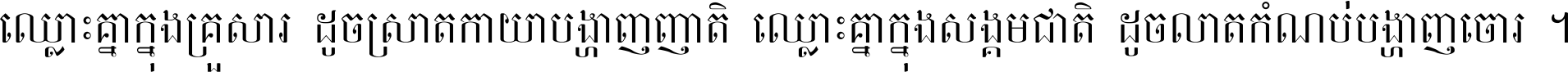 ឈ្លោះ​គ្នា​ក្នុង​គ្រួសារ ដូច​ស្រាត​កាយា​បង្ហាញ​ញាតិ ឈ្លោះគ្នាក្នុង​សង្គមជាតិ ដូច​លាត​កំណប់​បង្ហាញ​ចោរ ។