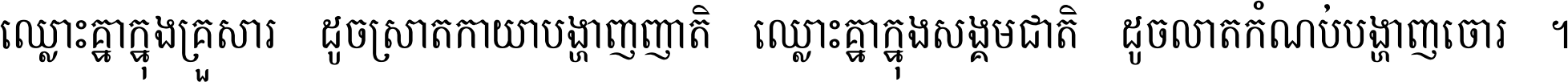 ឈ្លោះ​គ្នា​ក្នុង​គ្រួសារ ដូច​ស្រាត​កាយា​បង្ហាញ​ញាតិ ឈ្លោះគ្នាក្នុង​សង្គមជាតិ ដូច​លាត​កំណប់​បង្ហាញ​ចោរ ។