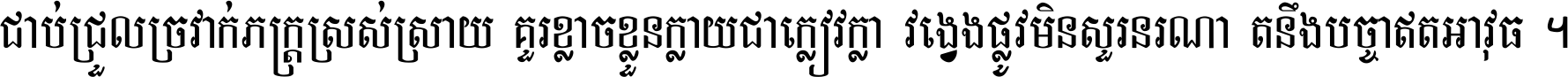 ជាប់​ជ្រួល​ច្រវាក់​ភក្ត្រ​ស្រស់ស្រាយ គួរ​ខ្លាច​ខ្លួន​ក្លាយ​ជា​ក្លៀវក្លា វង្វេង​ផ្លូវ​មិន​សួរន​រណា តនឹងបច្ចា​ឥត​អាវុធ ។