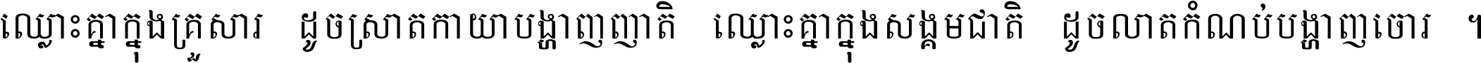 ឈ្លោះ​គ្នា​ក្នុង​គ្រួសារ ដូច​ស្រាត​កាយា​បង្ហាញ​ញាតិ ឈ្លោះគ្នាក្នុង​សង្គមជាតិ ដូច​លាត​កំណប់​បង្ហាញ​ចោរ ។