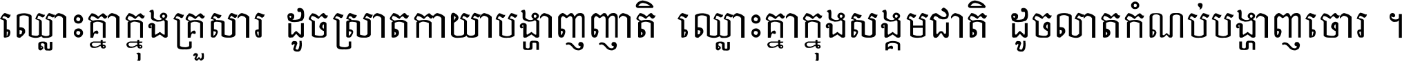 ឈ្លោះ​គ្នា​ក្នុង​គ្រួសារ ដូច​ស្រាត​កាយា​បង្ហាញ​ញាតិ ឈ្លោះគ្នាក្នុង​សង្គមជាតិ ដូច​លាត​កំណប់​បង្ហាញ​ចោរ ។