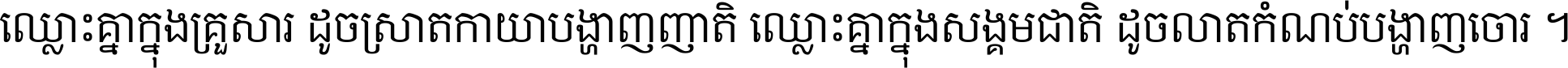 ឈ្លោះ​គ្នា​ក្នុង​គ្រួសារ ដូច​ស្រាត​កាយា​បង្ហាញ​ញាតិ ឈ្លោះគ្នាក្នុង​សង្គមជាតិ ដូច​លាត​កំណប់​បង្ហាញ​ចោរ ។